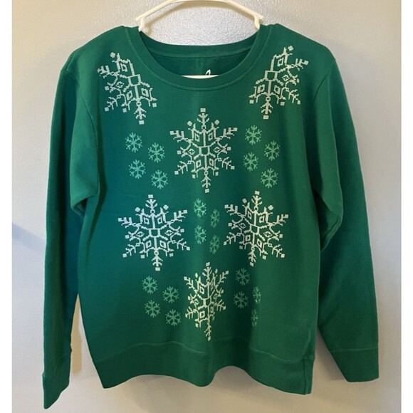 Hanes Tops - Hanes Soft Green & White Holiday Sparkle Snowflakes Sweatshirt Sz M